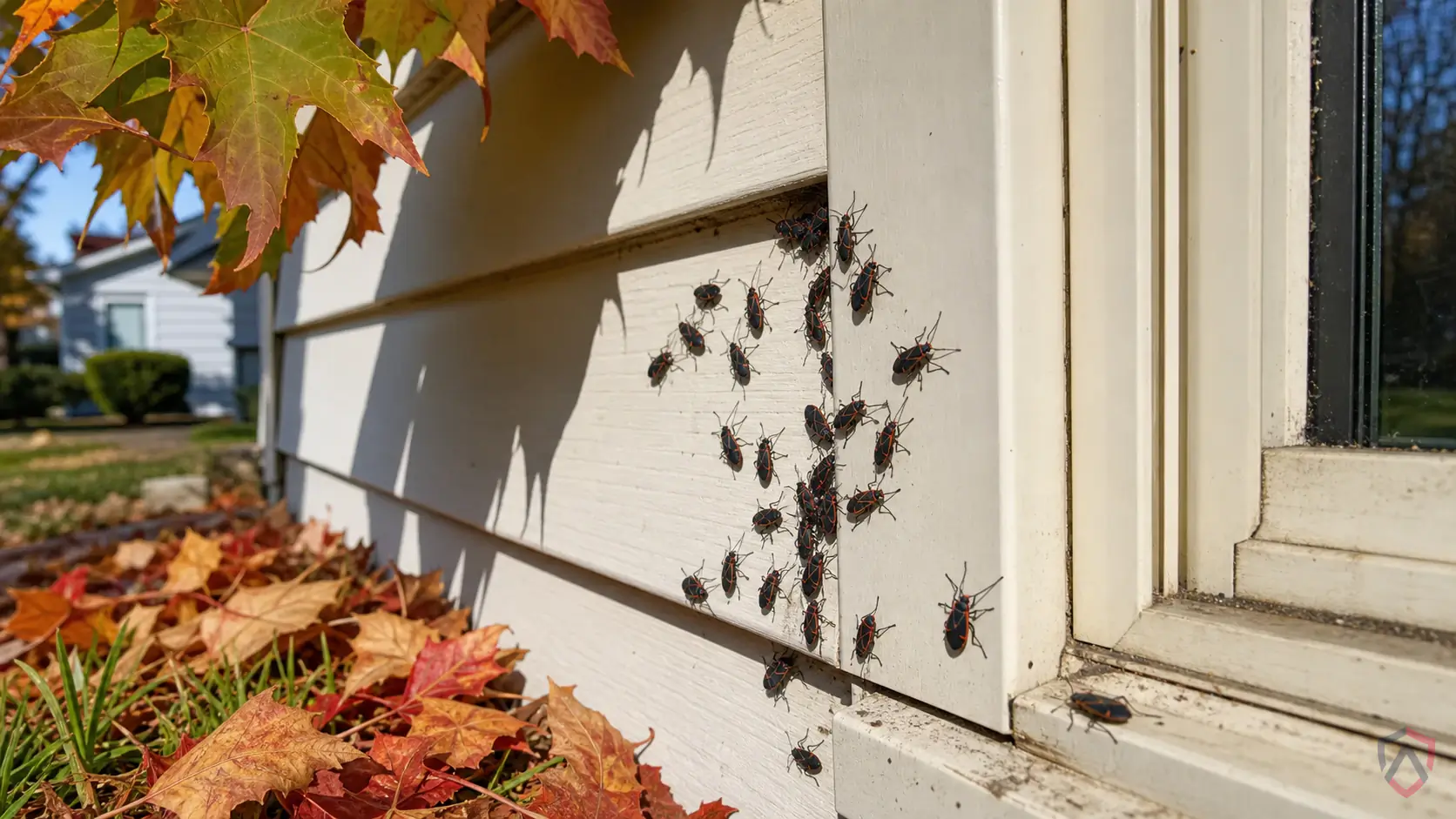 Boxelder Bugs activity in sunny siding, window frames, door thresholds, basements, garages, foundation cracks, and attic edges in Minnesota