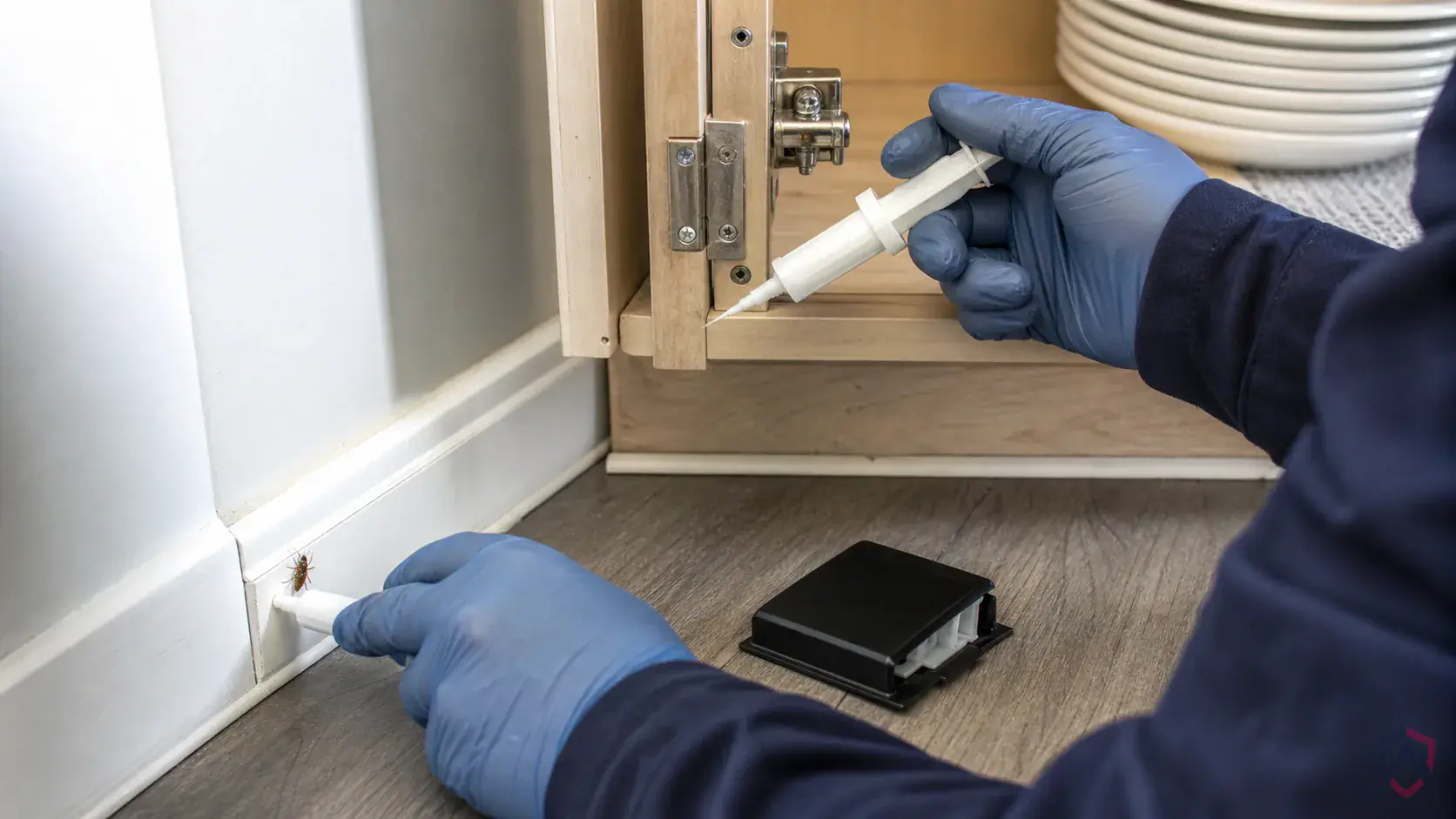 Inspection of cabinet voids, appliance backs, pipe chases, drains, and shared-wall entry points during a suspected Brown-Banded Cockroach issue