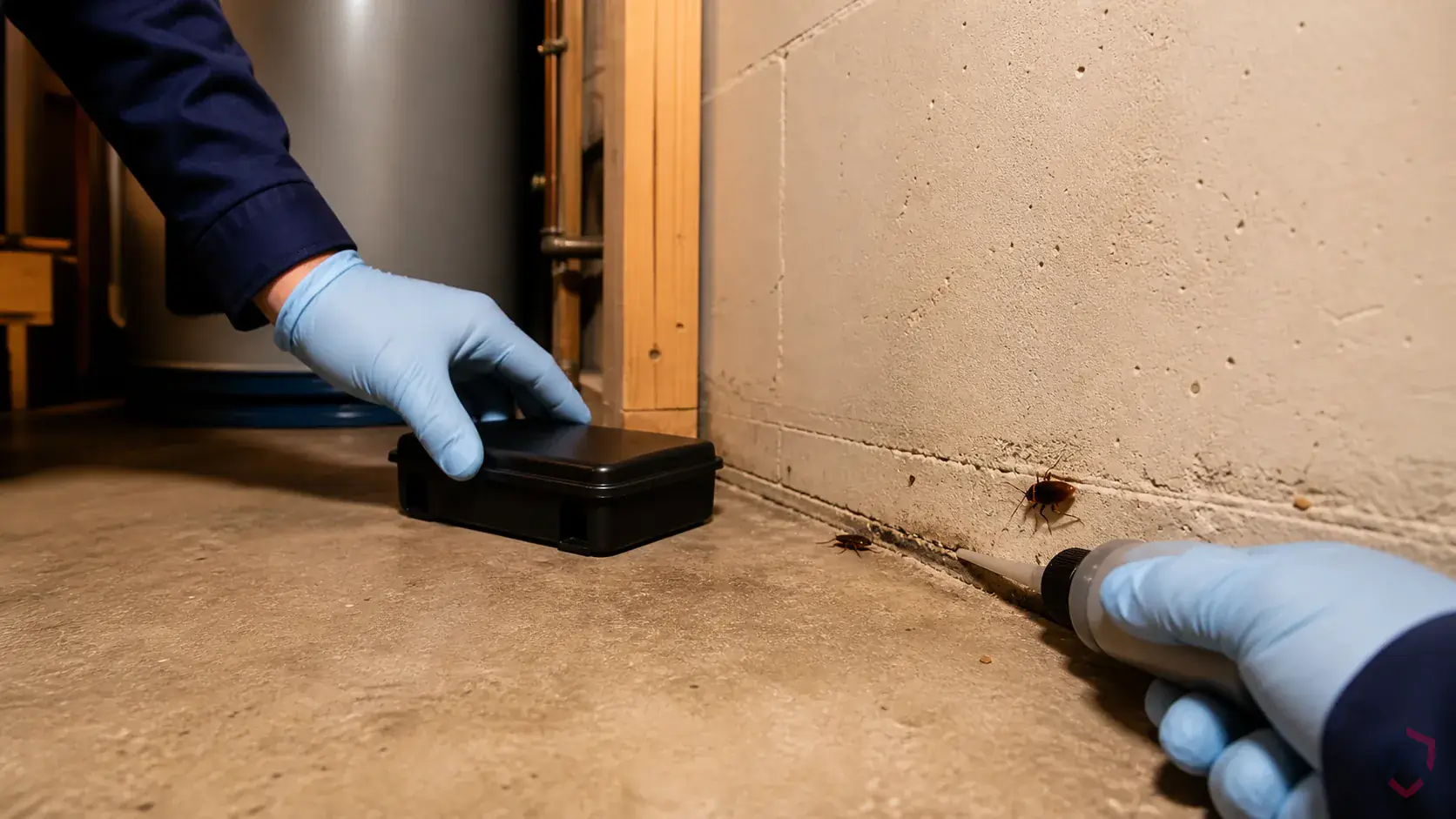 Inspection of cabinet voids, appliance backs, pipe chases, drains, and shared-wall entry points during a suspected Brown Cockroaches issue