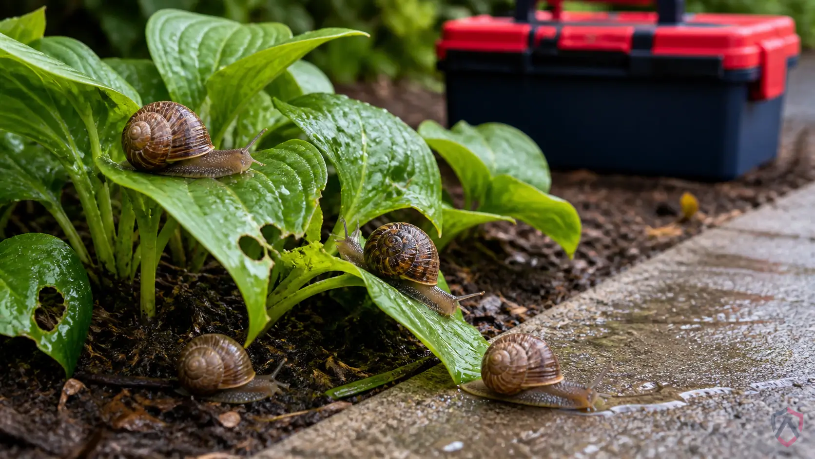 Brown Garden Snails activity in lawns, shrubs, trees, garden beds, houseplants, mulch, turf edges, and landscape plantings in Minnesota