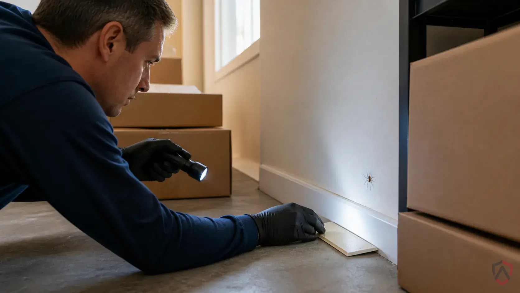 Inspection of webbing zones, corners, cracks, exterior light areas, and insect entry points during a suspected Brown Recluse Spiders issue
