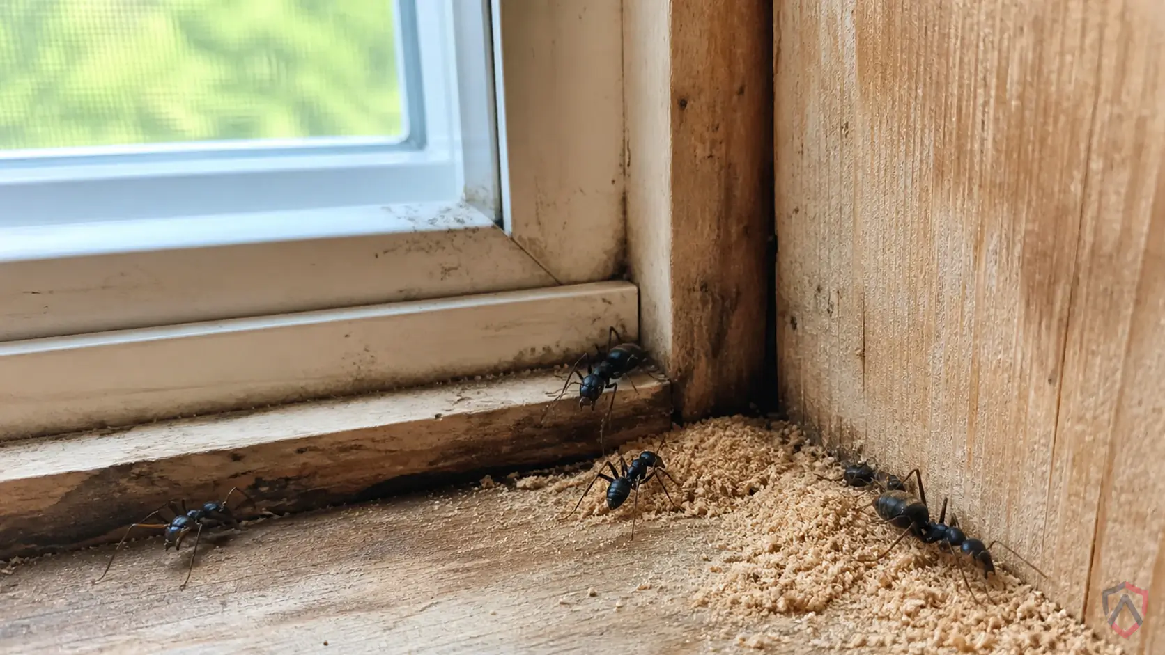 Carpenter Ants activity in window trim, damp wood, deck connections, kitchens, and exterior wood sources in Minnesota