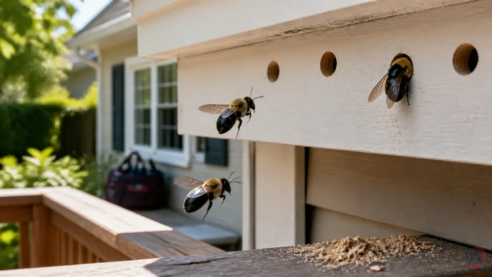 Carpenter Bees activity in eaves, soffits, decks, wall voids, shrubs, ground holes, play areas, and trash or food… in Minnesota