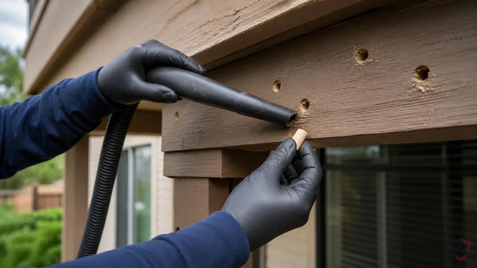 Inspection of nest entrances, eaves, soffits, shrubs, wall gaps, and high-traffic outdoor areas during a suspected Carpenter Bees issue