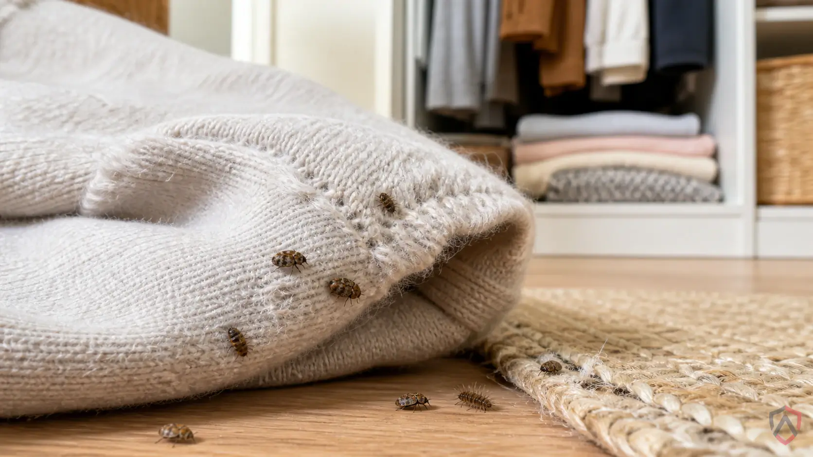 Carpet Beetles activity in closets, wool rugs, stored clothing, taxidermy, pet bedding, vents, lint buildup, and attic storage in Minnesota