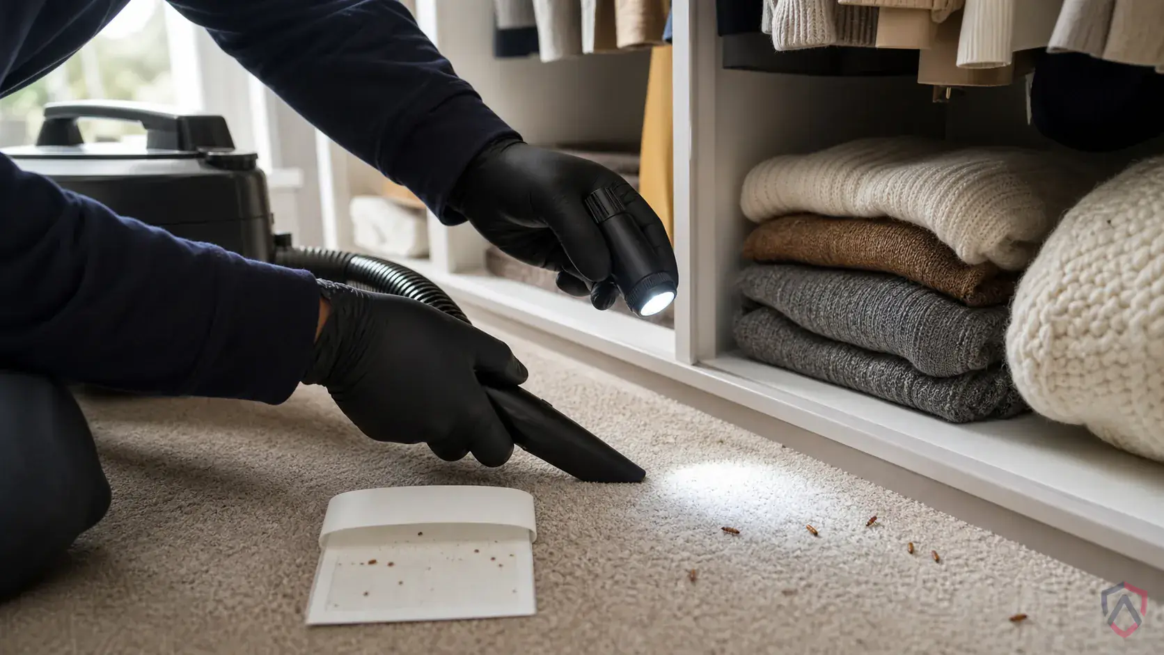 Inspection of closets, baseboards, rugs, upholstery seams, pet resting areas, and stored natural-fiber materials during a suspected Carpet Beetles issue