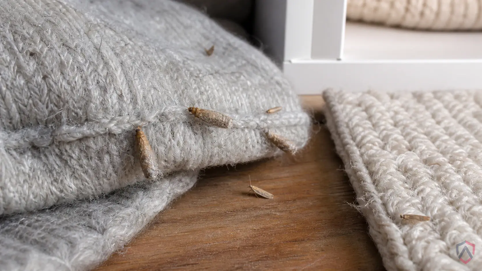 Case-Bearing Clothes Moths activity in closets, wool rugs, stored clothing, taxidermy, pet bedding, vents, lint buildup, and attic storage in Minnesota