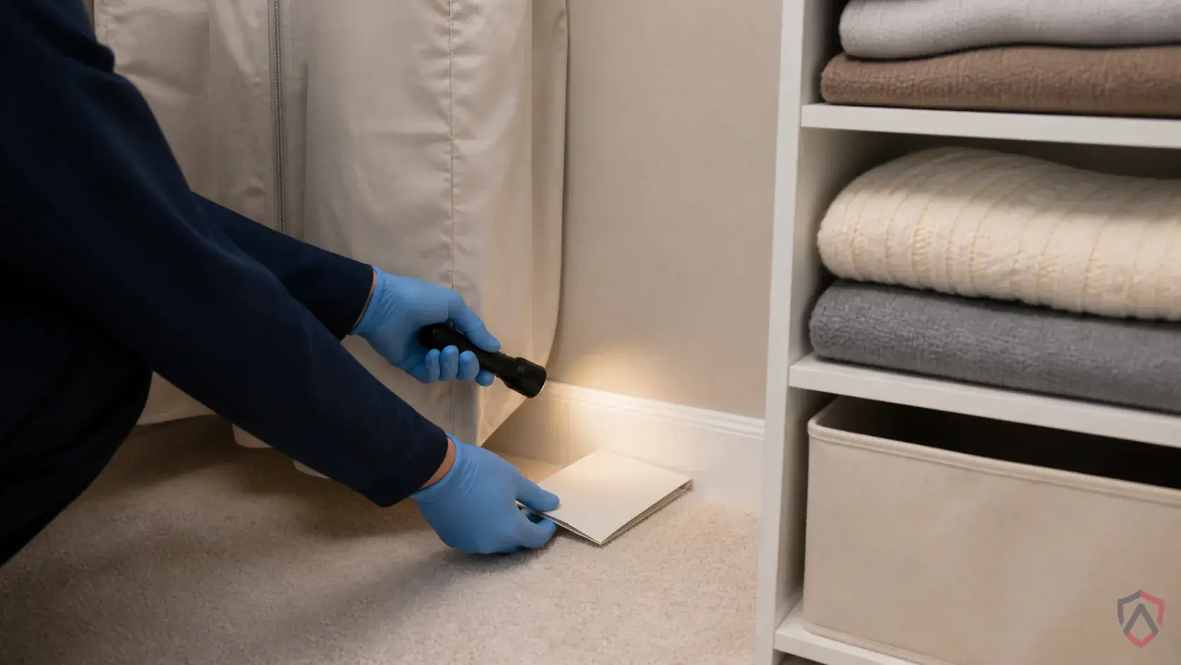 Inspection of closets, baseboards, rugs, upholstery seams, pet resting areas, and stored natural-fiber materials during a suspected Case-Bearing Clothes Moths issue