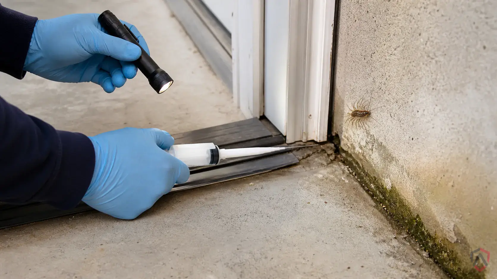 Inspection of perimeter gaps, siding transitions, window frames, doors, soffits, and overwintering entry points during a suspected Centipedes issue