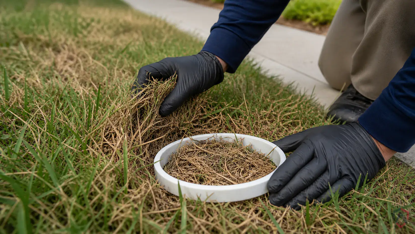Inspection of affected plants, leaf undersides, turf edges, mulch beds, trunks, and nearby harborage during a suspected Chinch Bugs issue