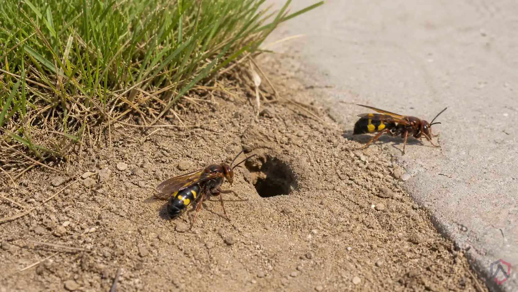 Cicada Killers activity in sandy soil, sidewalk edges, lawns, and ground burrows in Minnesota