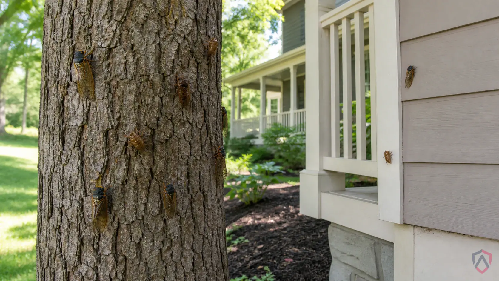 Cicadas activity in lawns, shrubs, trees, garden beds, houseplants, mulch, turf edges, and landscape plantings in Minnesota