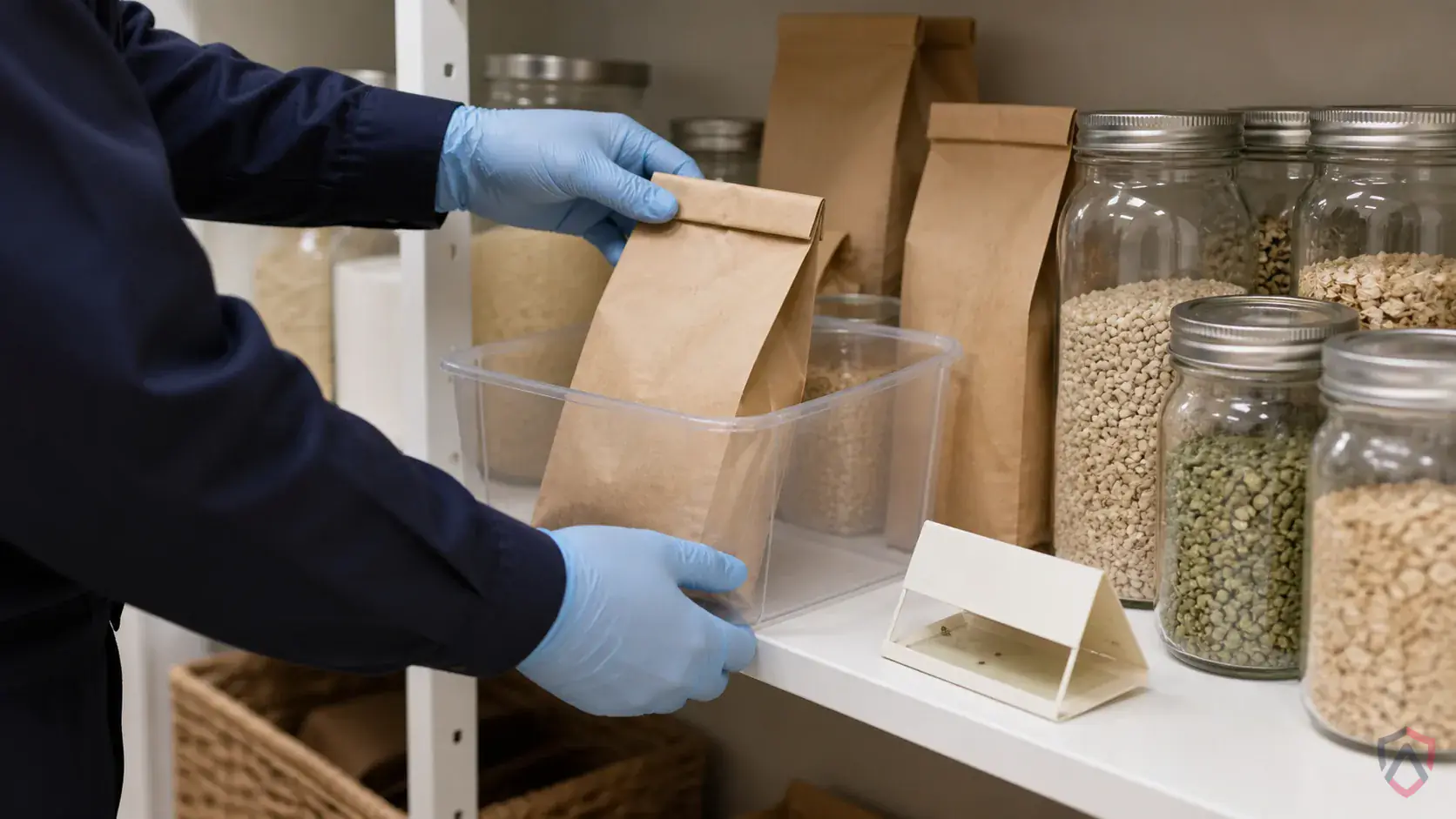 Inspection of dry goods, shelving cracks, storage rooms, discarded packaging, and product spill zones during a suspected Cigarette Beetles issue