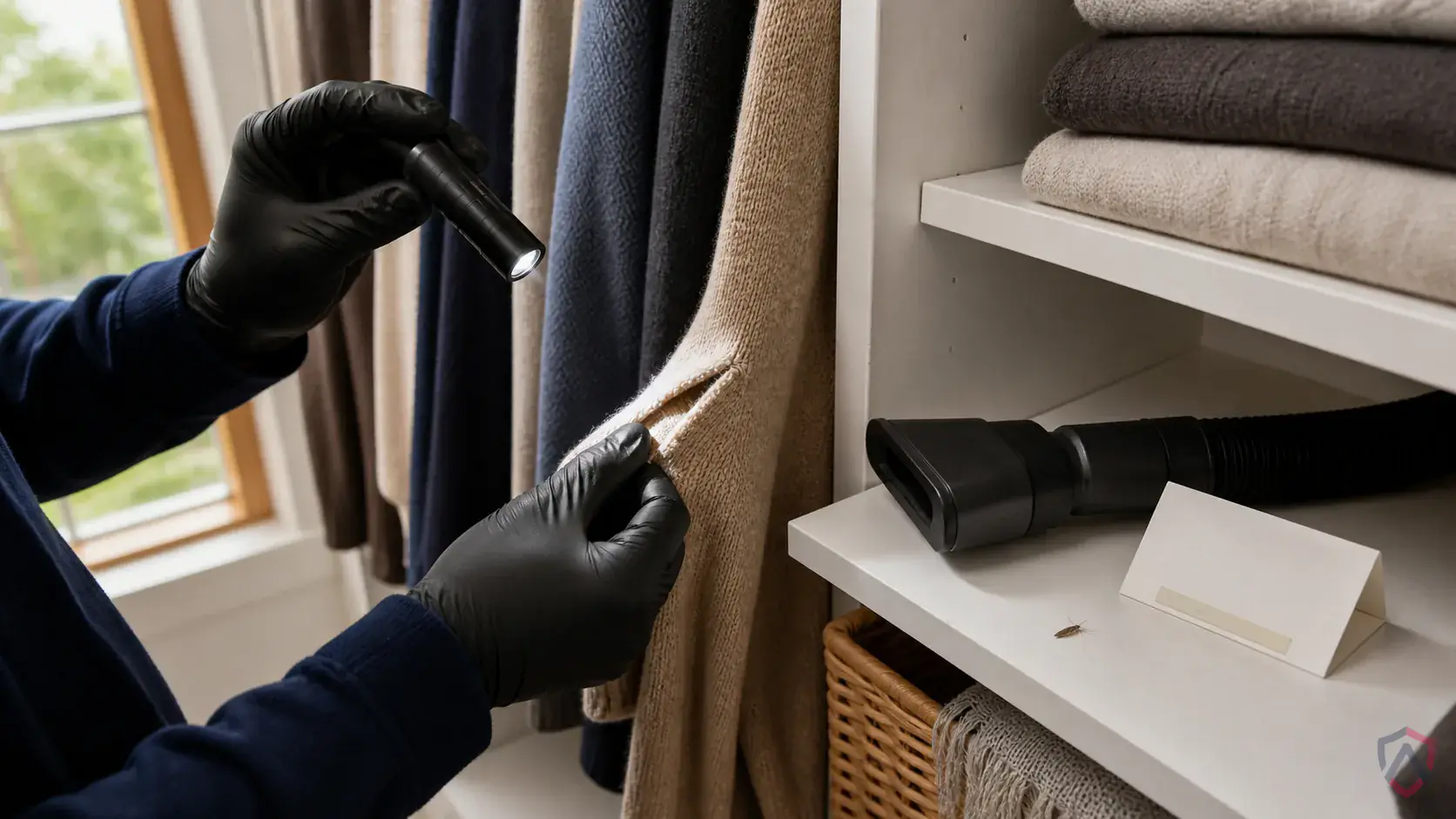 Inspection of closets, baseboards, rugs, upholstery seams, pet resting areas, and stored natural-fiber materials during a suspected Clothes Moths issue
