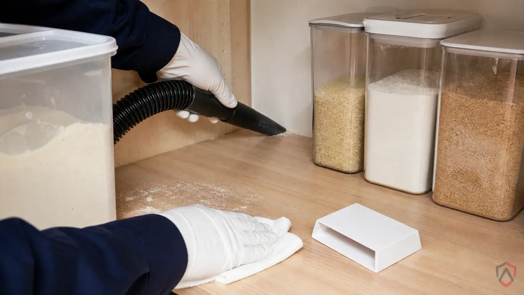 Inspection of dry goods, shelving cracks, storage rooms, discarded packaging, and product spill zones during a suspected Confused Flour Beetles issue