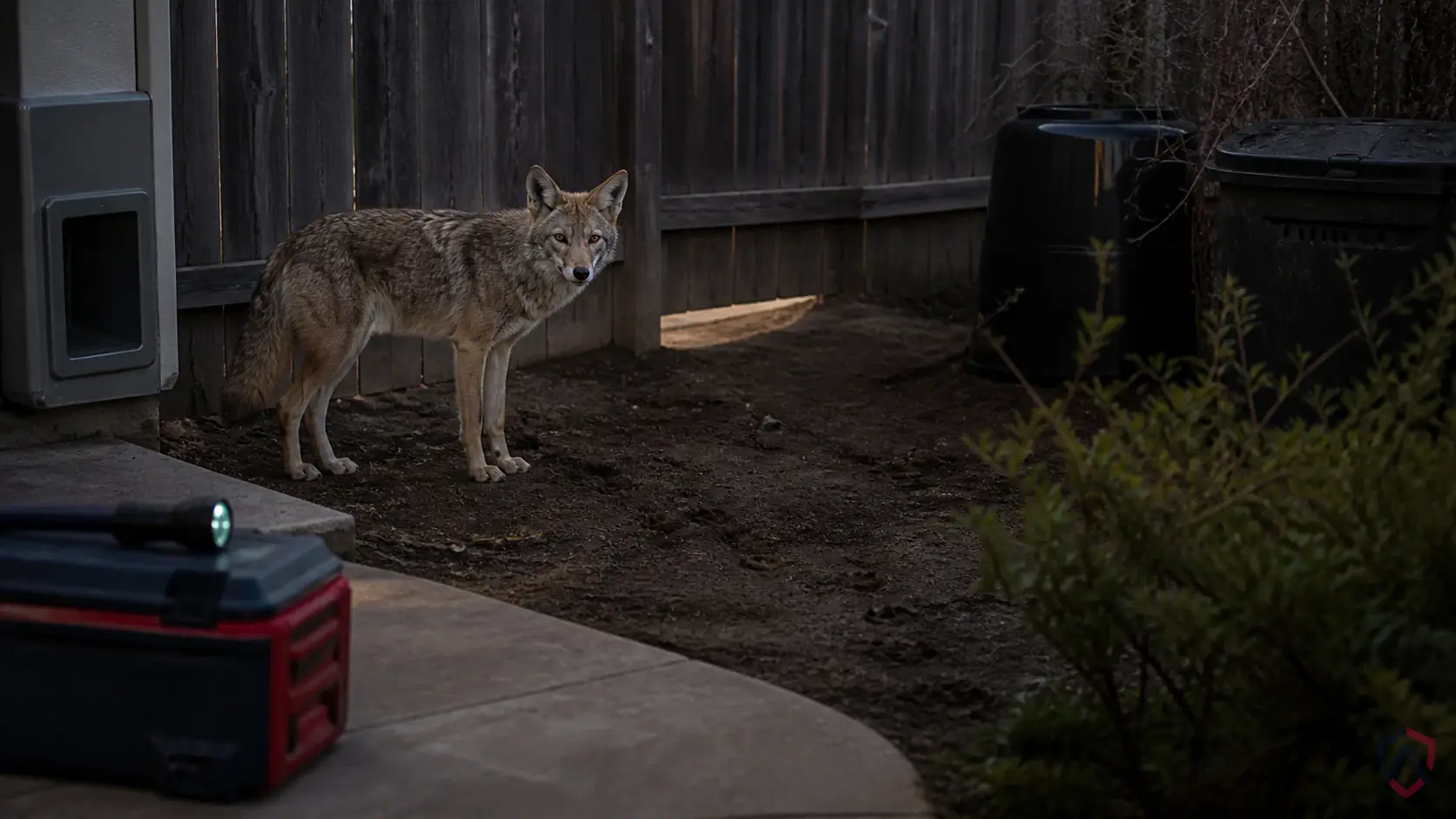 Coyotes activity in yards, fence lines, wooded edges, denning areas, pet areas, and trash storage zones in Minnesota