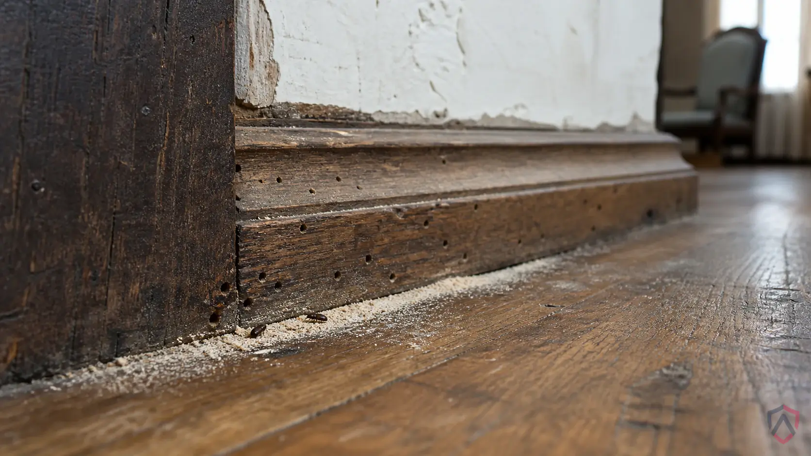 Deathwatch Beetles activity in wood trim, sill plates, crawl spaces, basements, deck connections, window frames, and damp framing in Minnesota