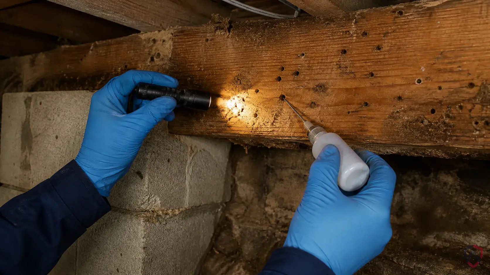 Inspection of wood-to-soil contact, moisture-damaged wood, wall voids, foundation edges, and entry galleries during a suspected Deathwatch Beetles issue