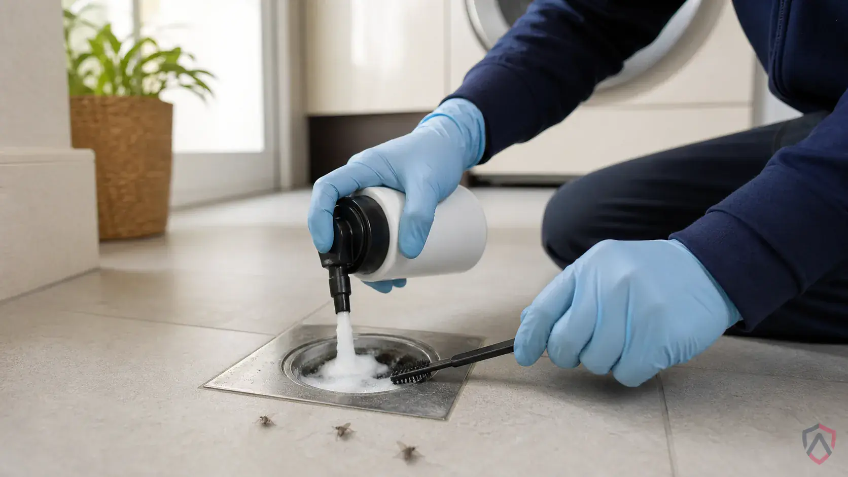 Inspection of moist organic buildup, drains, trash handling areas, window lines, and exterior entry points during a suspected Drain Flies issue
