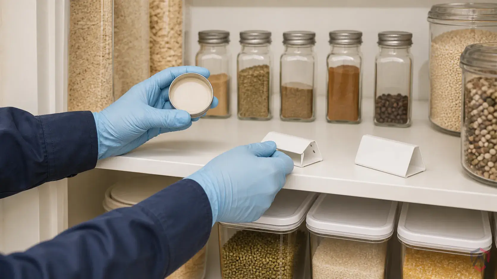 Inspection of dry goods, shelving cracks, storage rooms, discarded packaging, and product spill zones during a suspected Drugstore Beetles issue