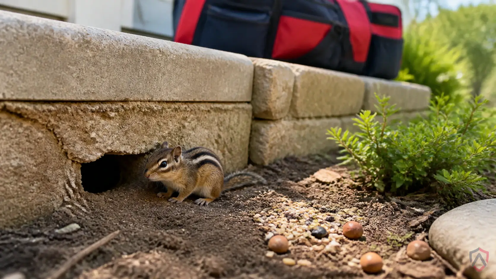 Eastern Chipmunks activity in patios, retaining walls, steps, gardens, foundation edges, sheds, and burrow openings in Minnesota