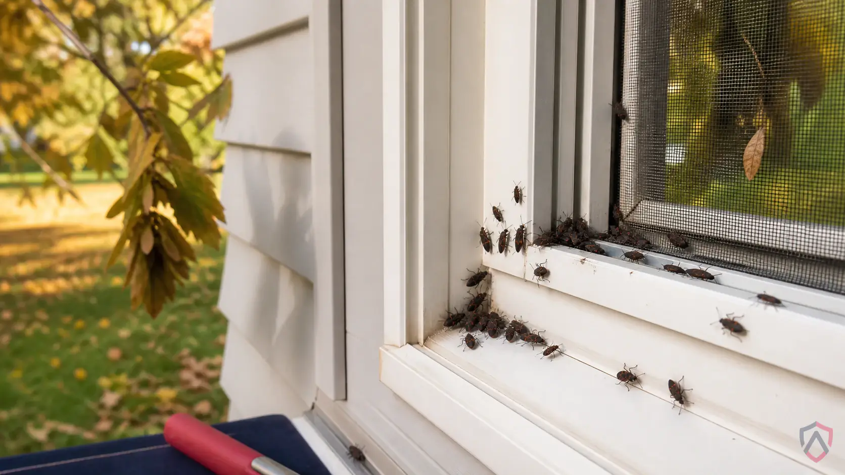 Elm Seed Bugs activity in sunny siding, window frames, door thresholds, basements, garages, foundation cracks, and attic edges in Minnesota
