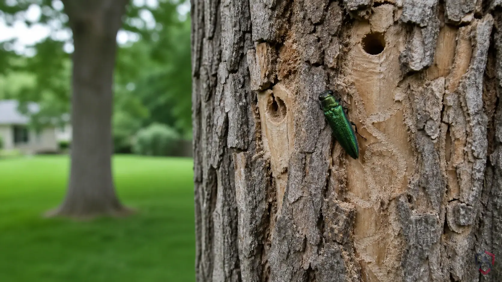 Emerald Ash Borers activity in ash trees, bark cracks, canopy dieback, woodpecker flecking, and trunk galleries in Minnesota