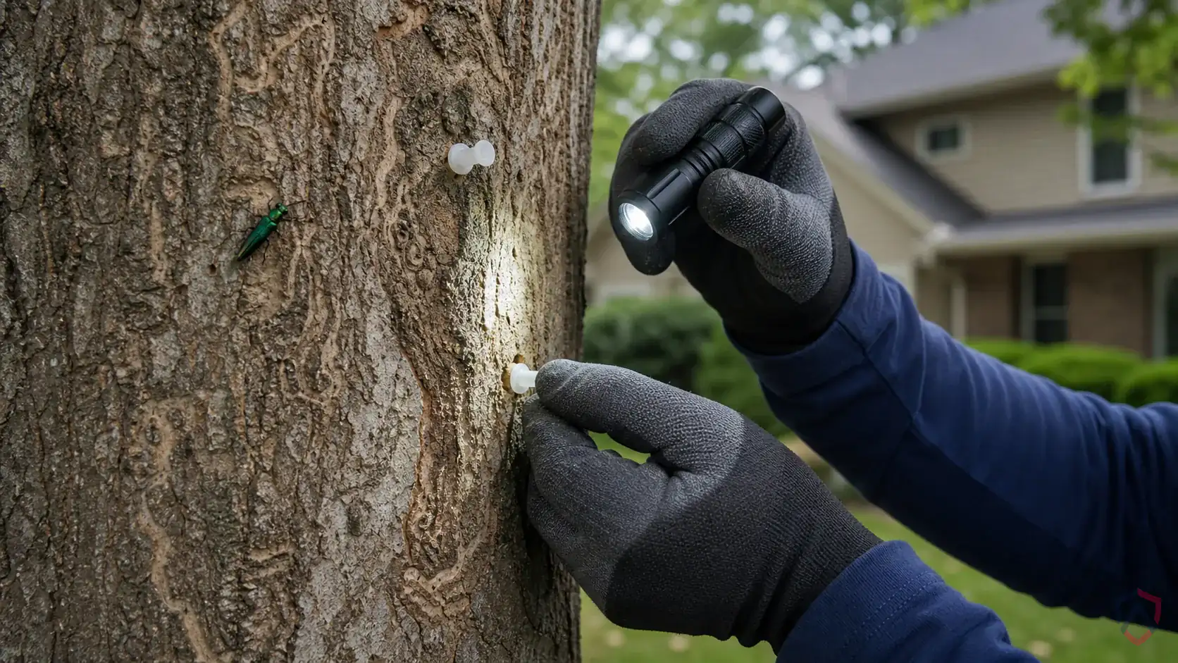 Inspection of ash tree trunks, bark splits, D-shaped exit holes, canopy thinning, and nearby host trees during a suspected Emerald Ash Borers issue