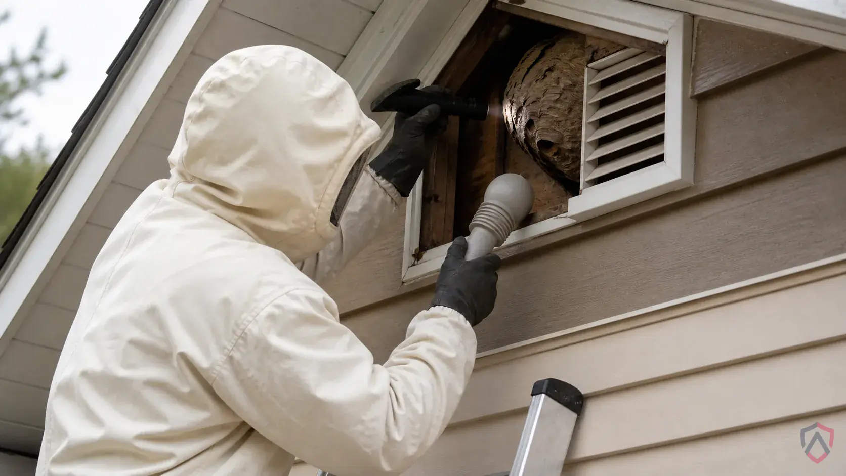 Inspection of nest entrances, eaves, soffits, shrubs, wall gaps, and high-traffic outdoor areas during a suspected European Hornets issue