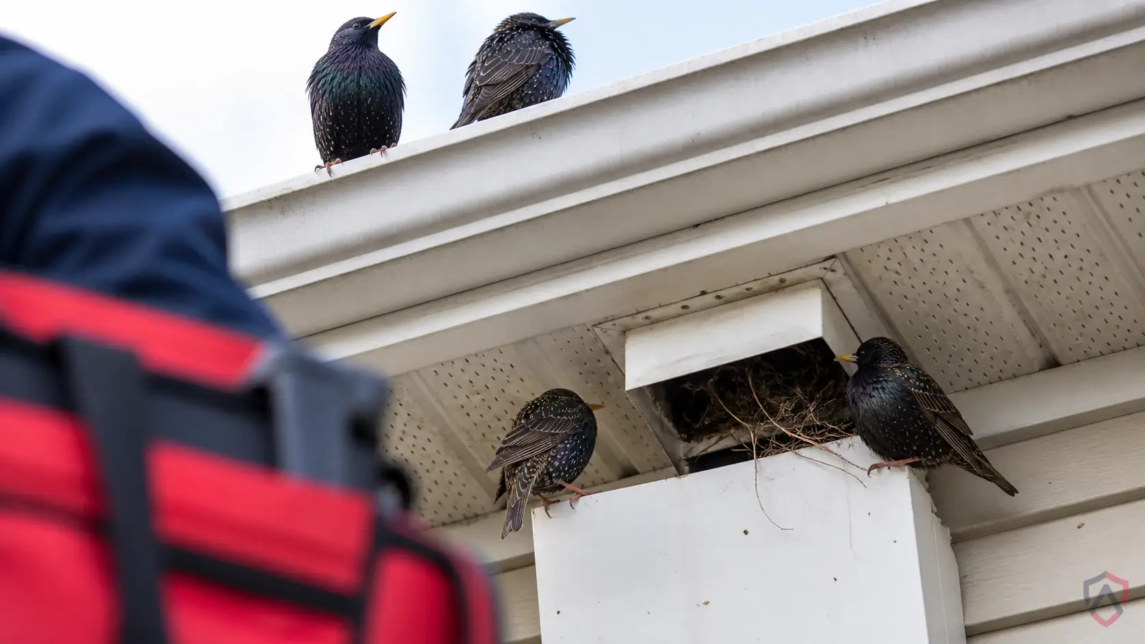 European Starlings activity in vents, roof gaps, signs, trees, barns, and noisy roosting areas in Minnesota