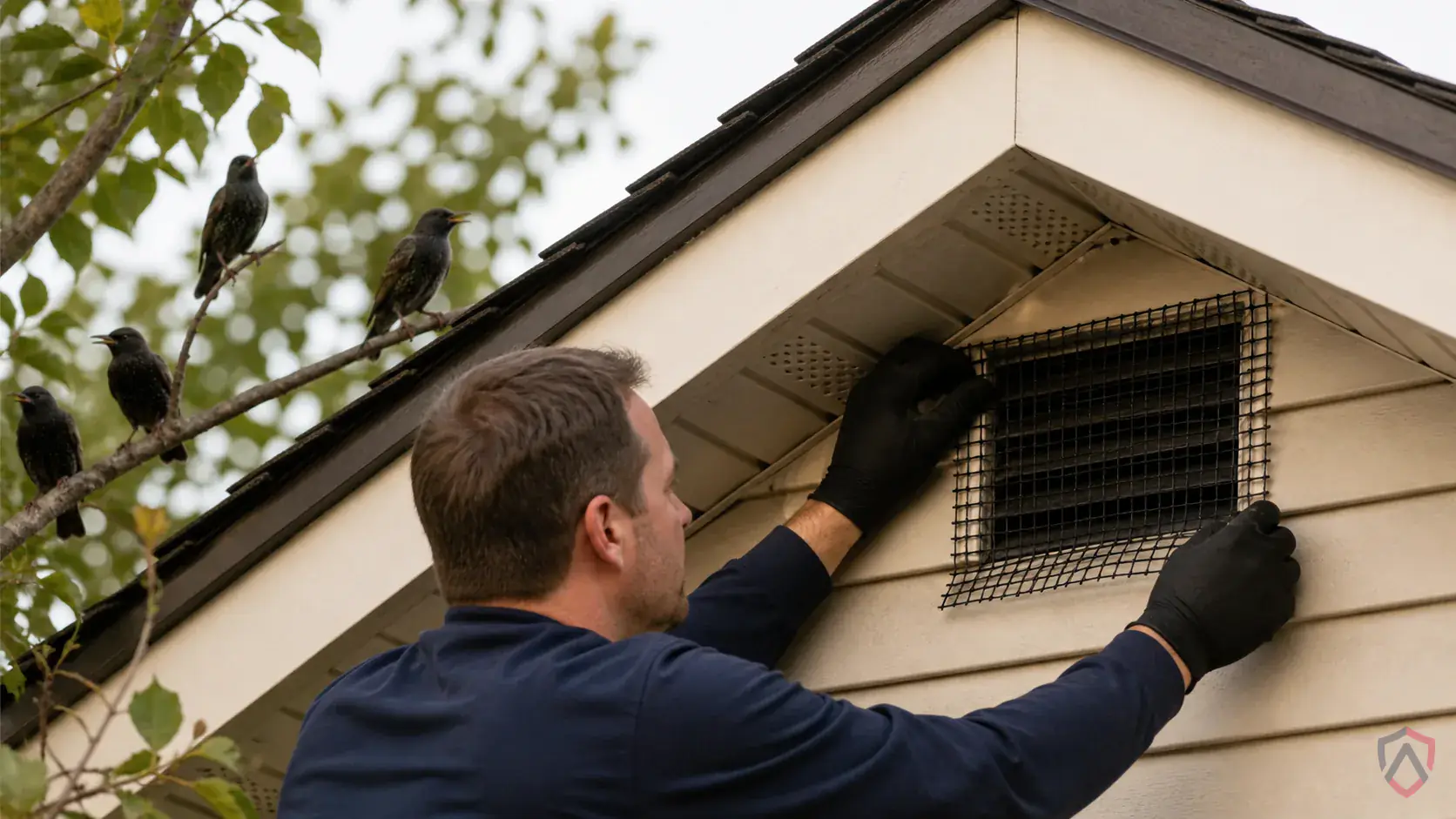 Inspection of roosting ledges, nest sites, vents, attic openings, signs, soffits, and damaged siding during a suspected European Starlings issue
