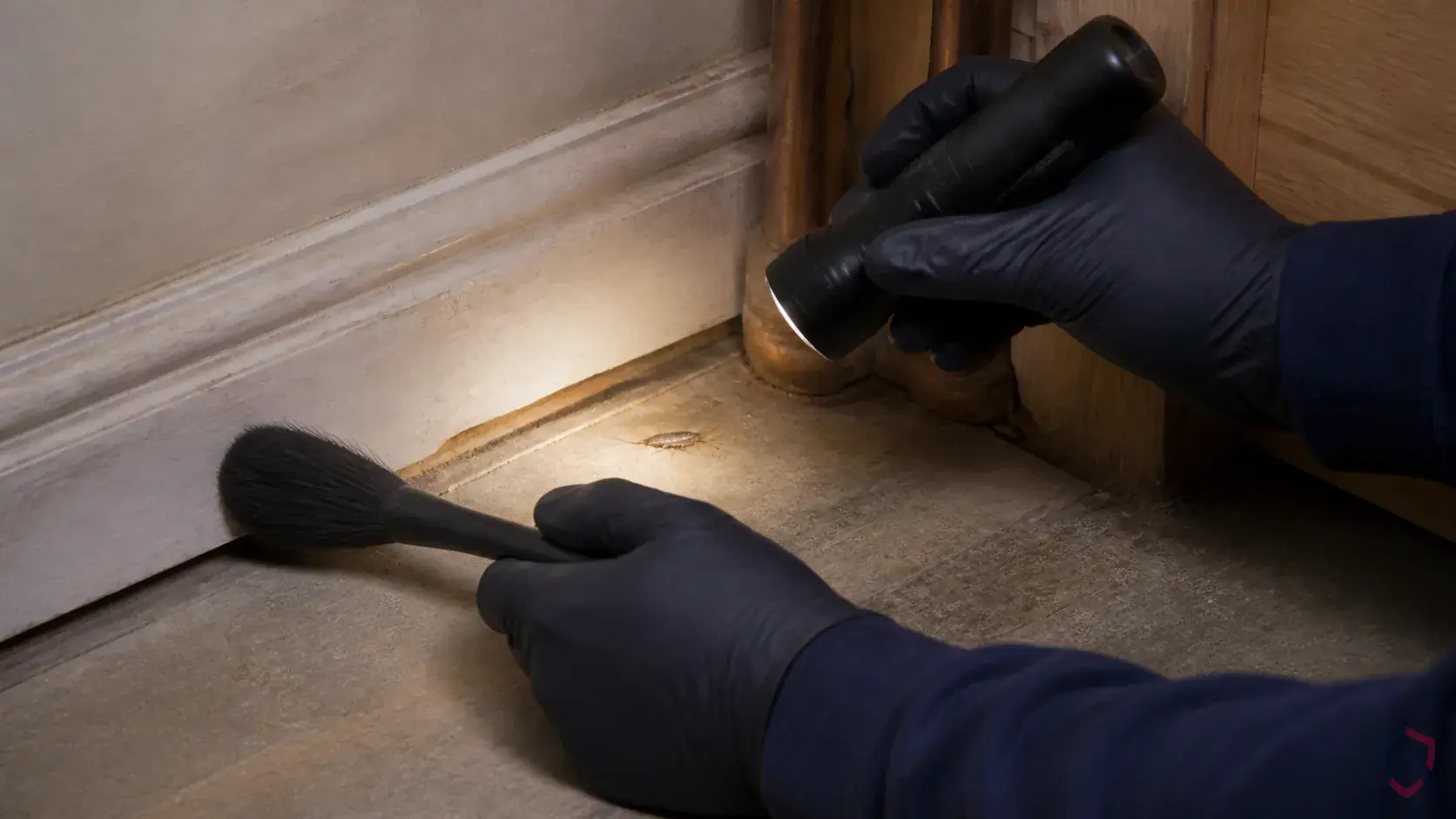 Inspection of droppings, gnaw marks, runways, burrows, utility gaps, garage corners, and foundation openings during a suspected Firebrats issue