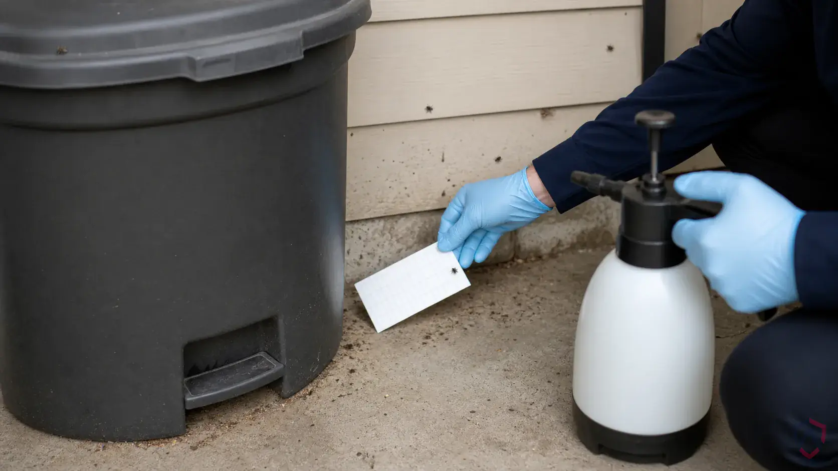 Inspection of moist organic buildup, drains, trash handling areas, window lines, and exterior entry points during a suspected Flesh Flies issue