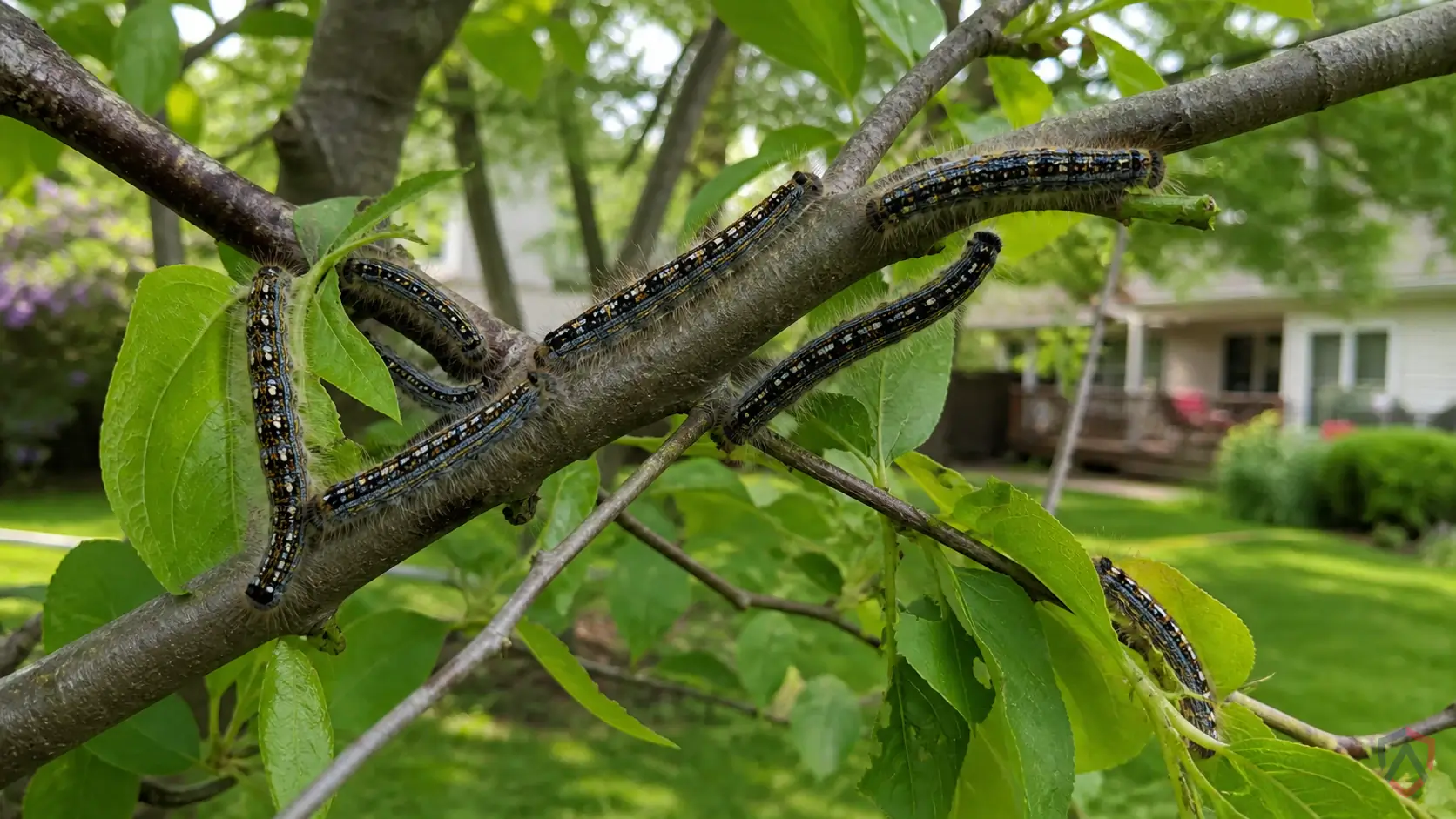 Forest Tent Caterpillars activity in lawns, shrubs, trees, garden beds, houseplants, mulch, turf edges, and landscape plantings in Minnesota