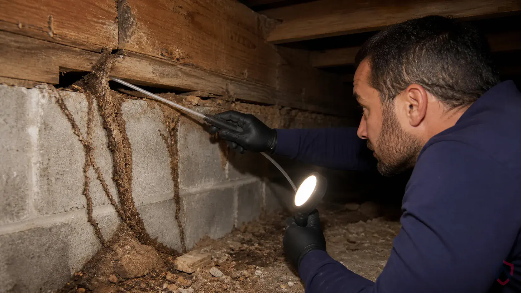 Inspection of wood-to-soil contact, moisture-damaged wood, wall voids, foundation edges, and entry galleries during a suspected Formosan Subterranean Termites issue