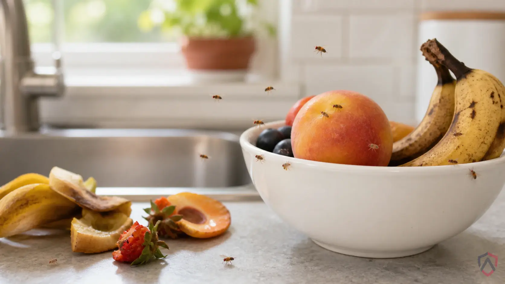 Fruit Flies activity in drains, trash areas, compost, damp mops, houseplants, floor sinks, fruit bowls, and exterior doors in Minnesota