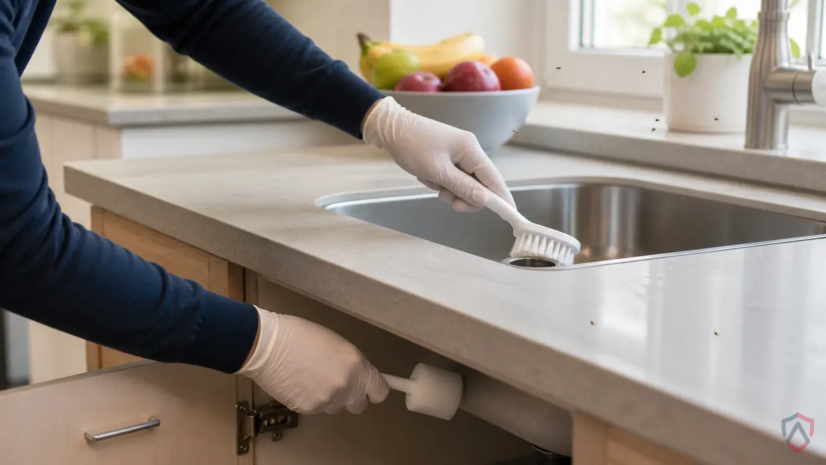 Inspection of moist organic buildup, drains, trash handling areas, window lines, and exterior entry points during a suspected Fruit Flies issue