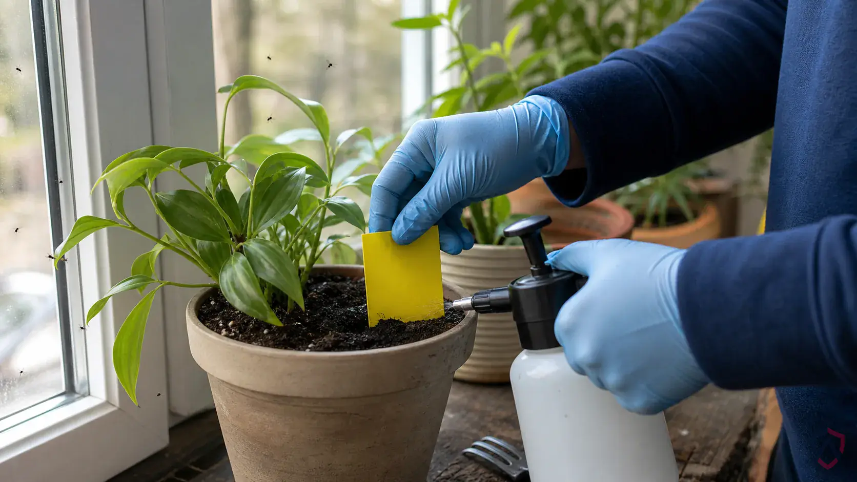 Inspection of moist organic buildup, drains, trash handling areas, window lines, and exterior entry points during a suspected Fungus Gnats issue