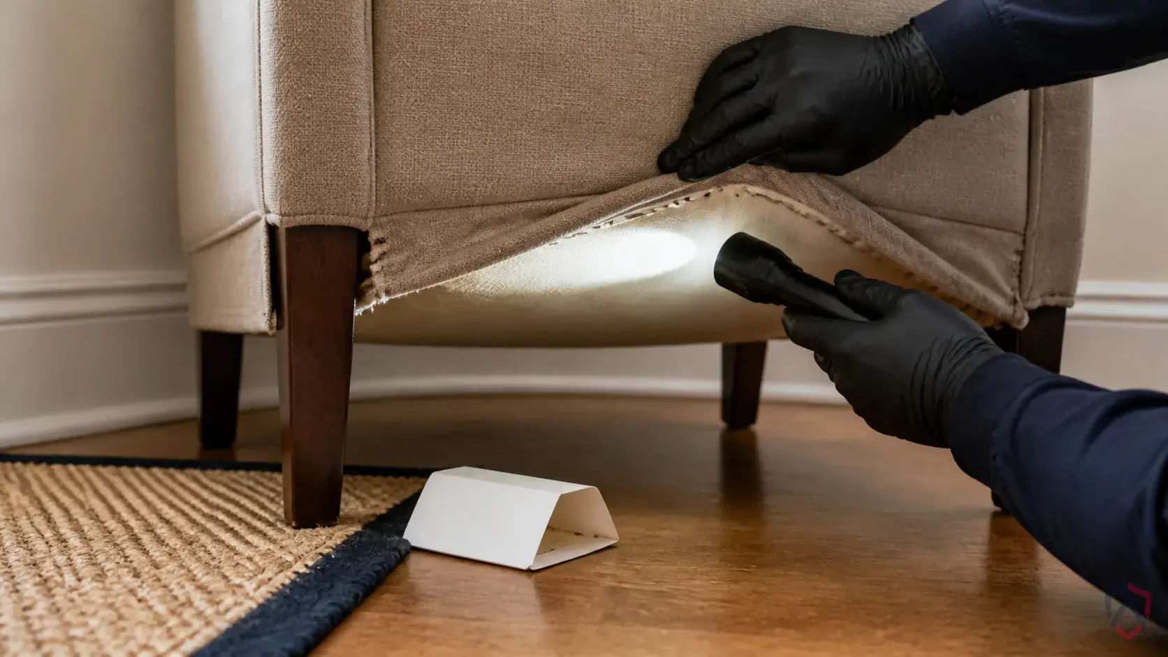 Inspection of closets, baseboards, rugs, upholstery seams, pet resting areas, and stored natural-fiber materials during a suspected Furniture Carpet Beetles issue