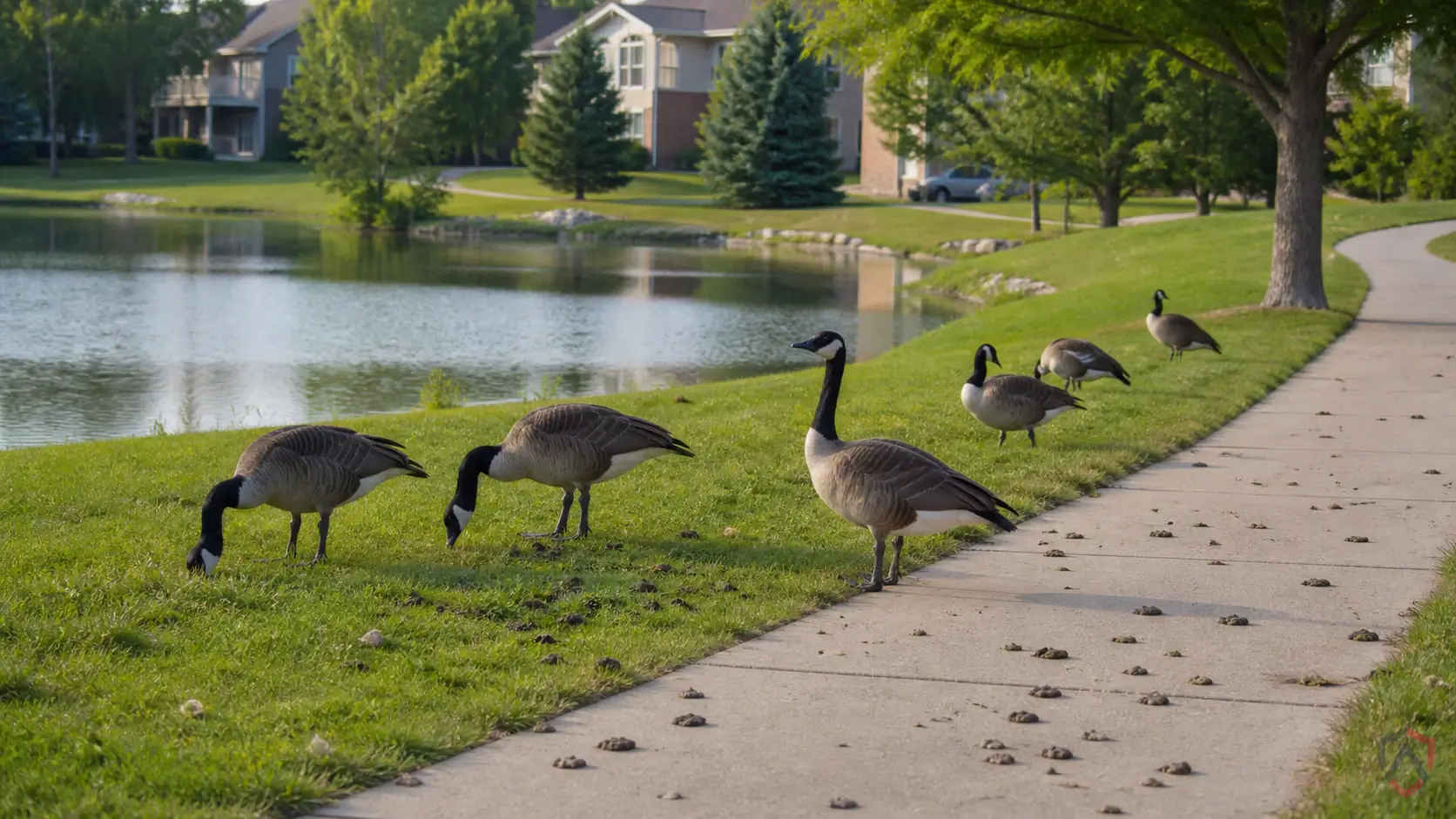 Geese activity in lawns, shorelines, ponds, sidewalks, parks, and commercial landscapes in Minnesota