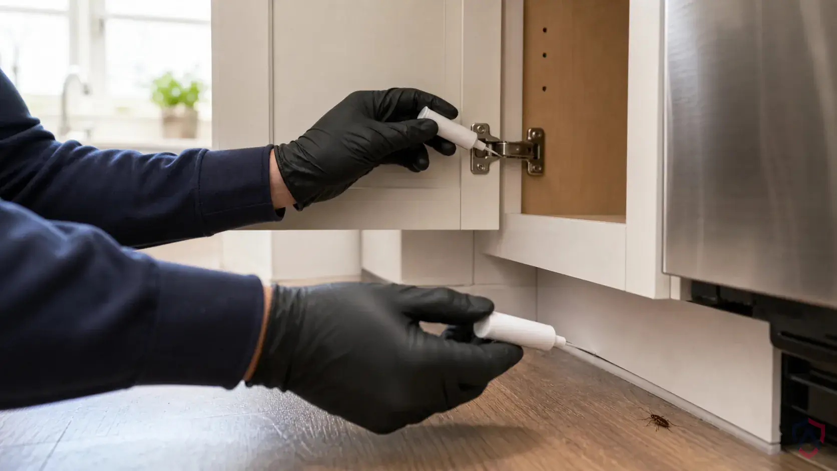 Inspection of cabinet voids, appliance backs, pipe chases, drains, and shared-wall entry points during a suspected German Cockroach issue