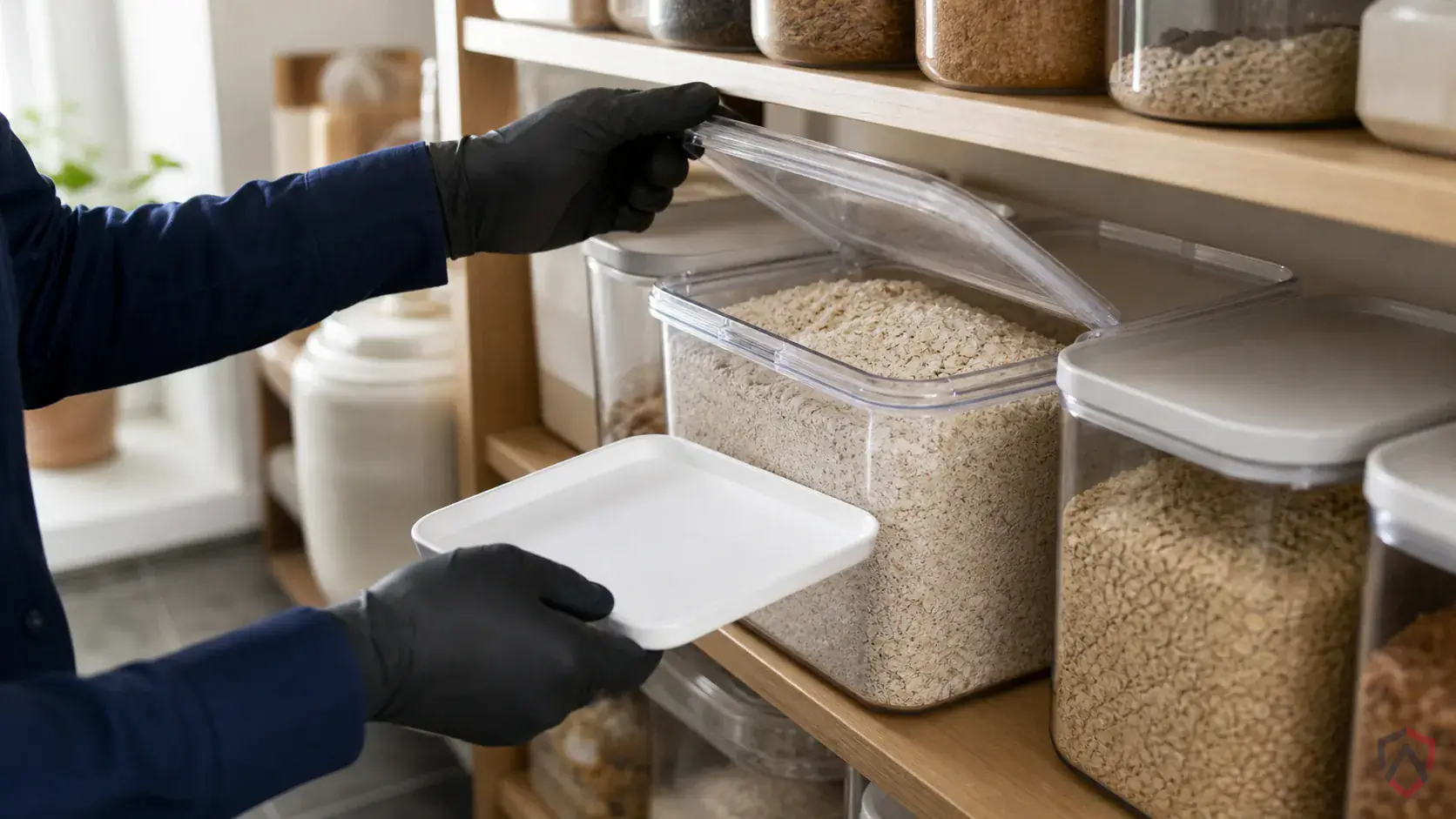 Inspection of dry goods, shelving cracks, storage rooms, discarded packaging, and product spill zones during a suspected Grain Mites issue