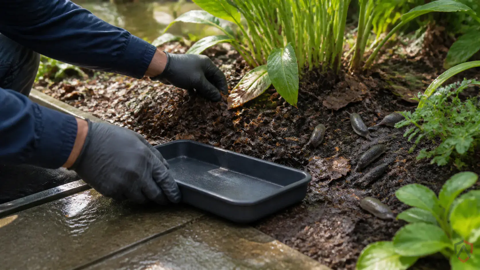 Inspection of affected plants, leaf undersides, turf edges, mulch beds, trunks, and nearby harborage during a suspected Gray Garden Slugs issue