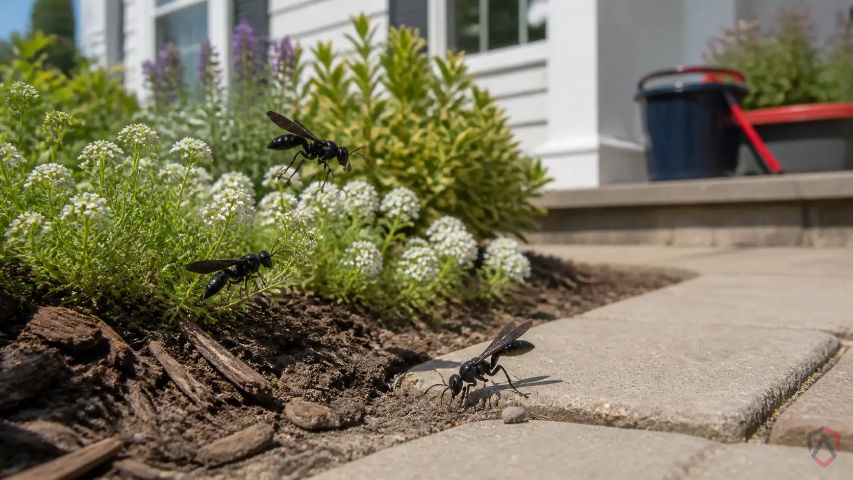 Great Black Wasps activity in eaves, soffits, decks, wall voids, shrubs, ground holes, play areas, and trash or food… in Minnesota