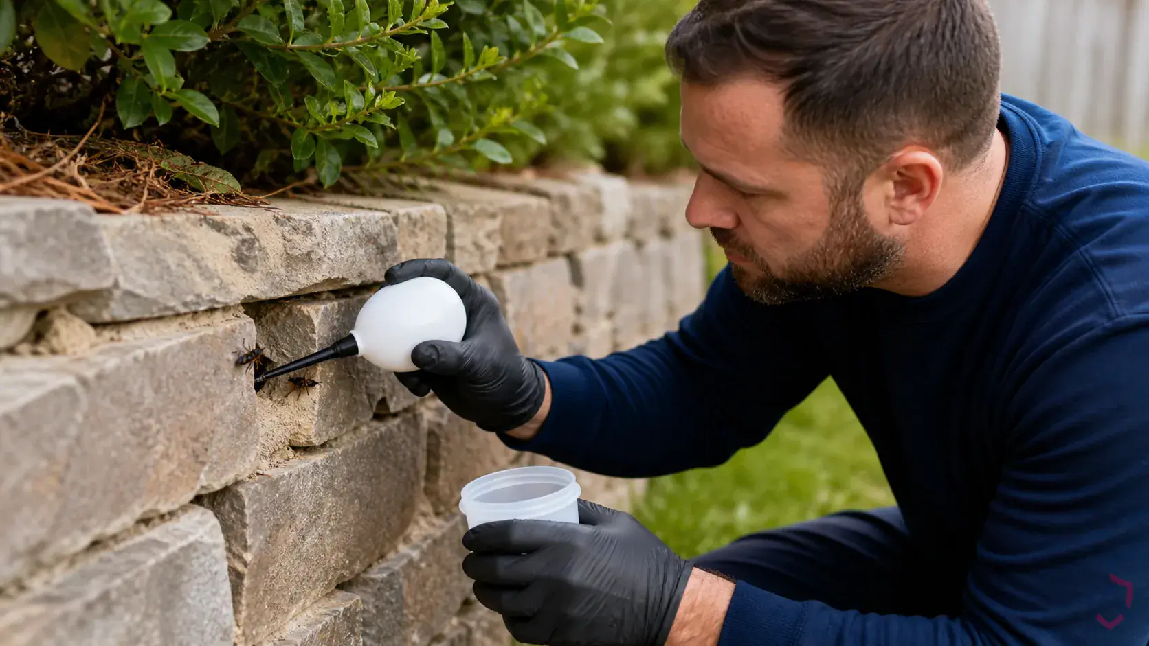Inspection of nest entrances, eaves, soffits, shrubs, wall gaps, and high-traffic outdoor areas during a suspected Great Black Wasps issue