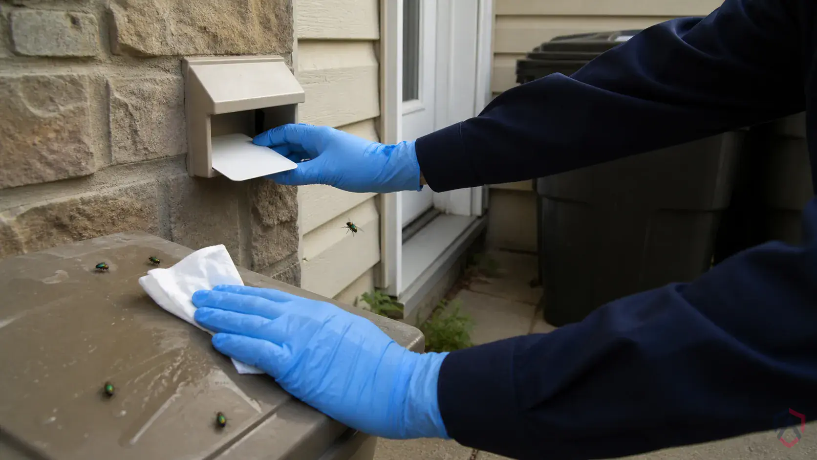 Inspection of moist organic buildup, drains, trash handling areas, window lines, and exterior entry points during a suspected Green Bottle Flies issue