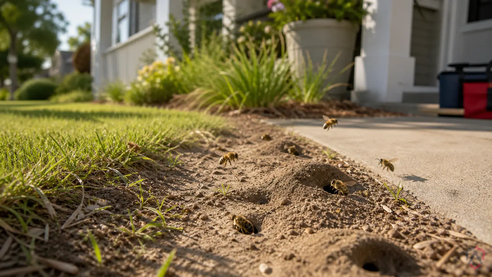 Ground-Nesting Bees activity in eaves, soffits, decks, wall voids, shrubs, ground holes, play areas, and trash or food… in Minnesota