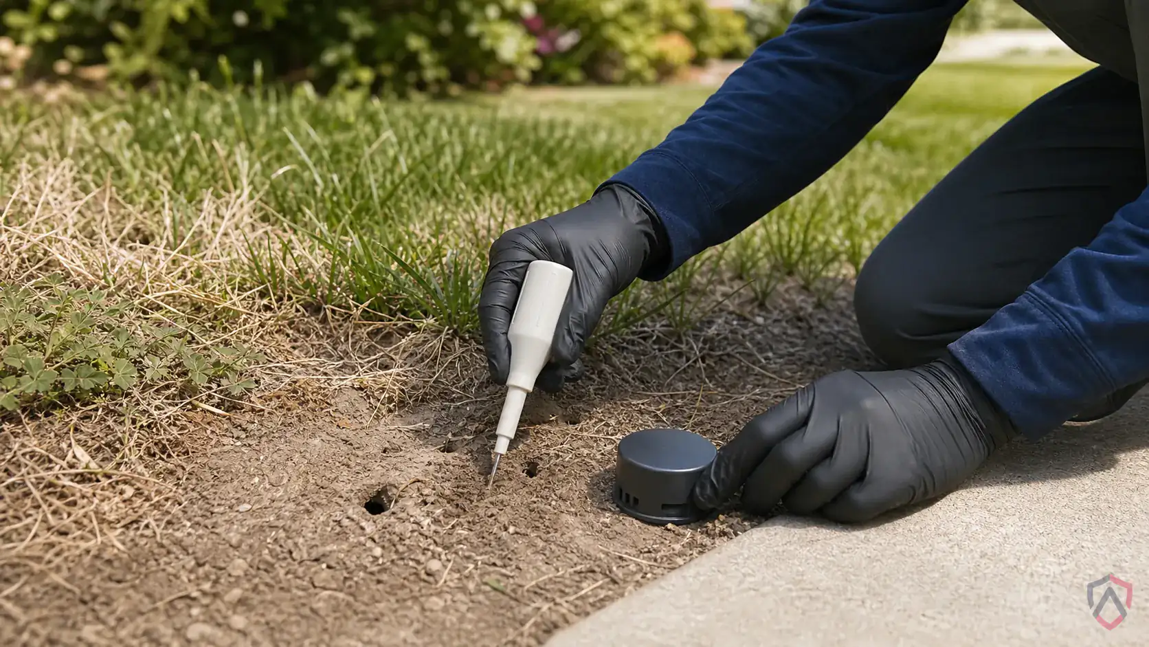 Inspection of nest entrances, eaves, soffits, shrubs, wall gaps, and high-traffic outdoor areas during a suspected Ground-Nesting Bees issue
