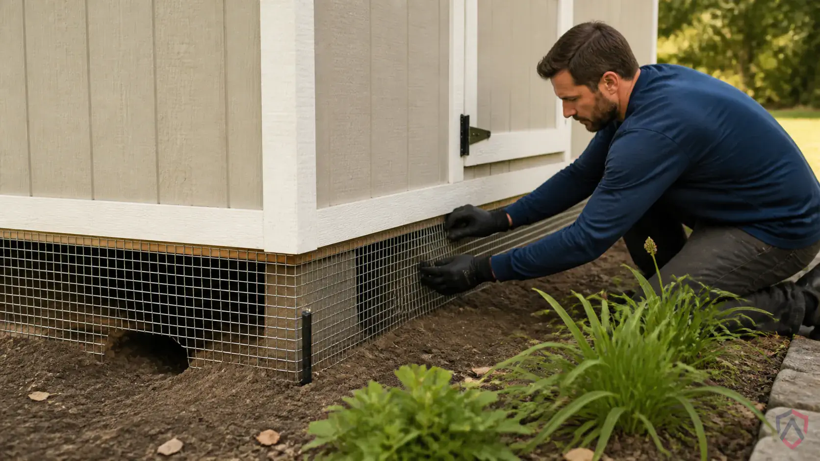 Inspection of large burrow openings, soil piles, foundation edges, deck voids, and garden damage during a suspected Groundhogs issue