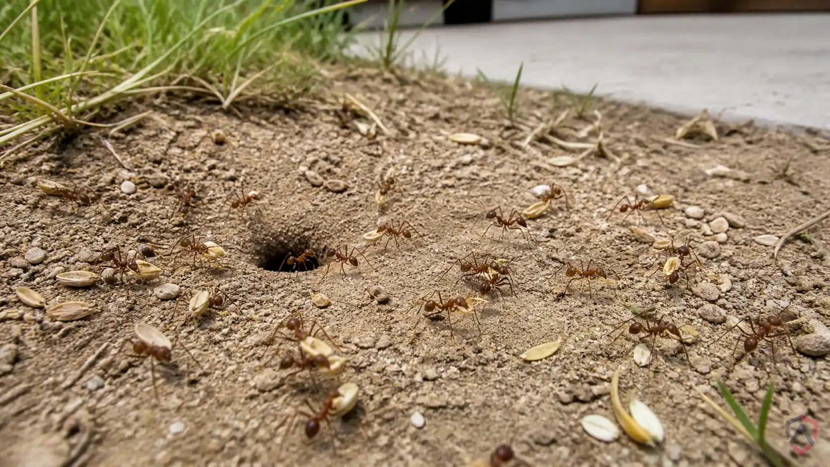 Harvester Ants activity in kitchens, foundation edges, patios, wall lines, windows, and damp trim in Minnesota